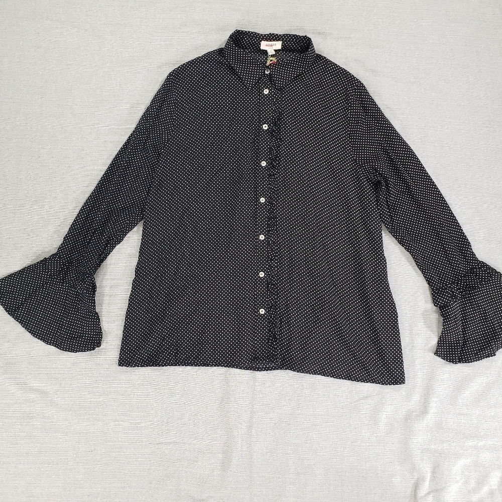 Umgee Womens Blouse Med Black White Polka Dot Ruffles C1141 Bell Long Sleeve
